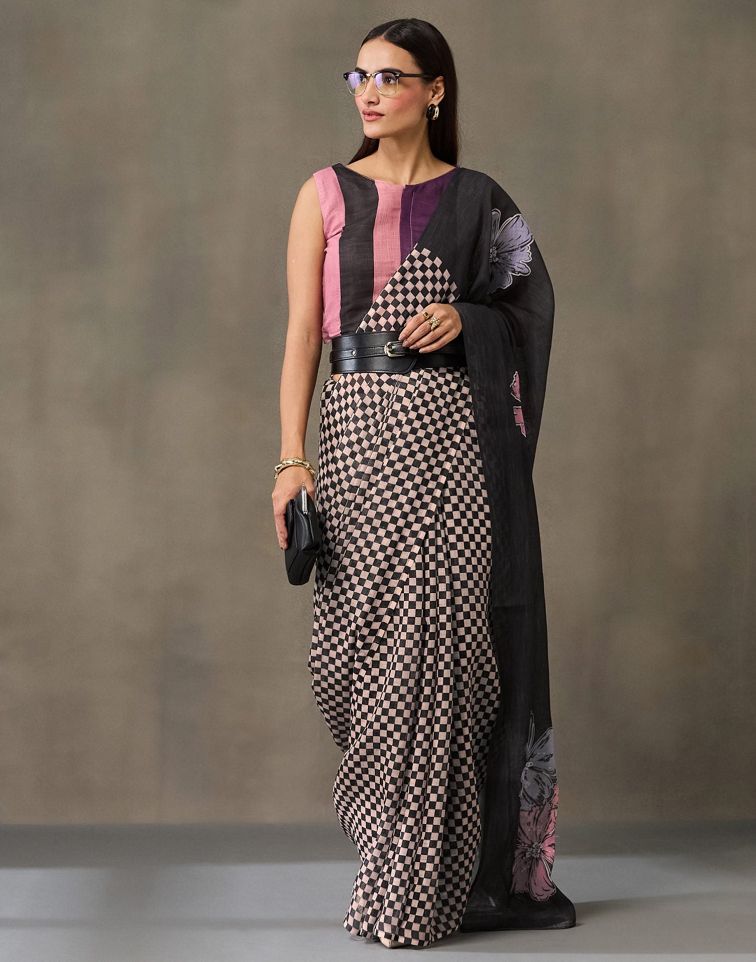 Black Linen Checkered Printed Saree